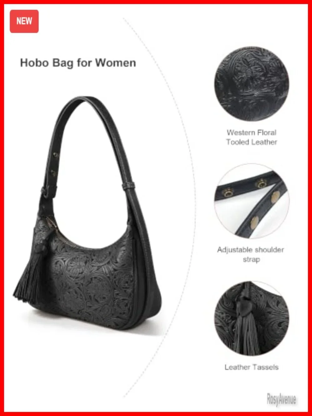 Vegan Leather Floral Embossed Hobo Bag Women Crossbody Shoulder Purse Tassel